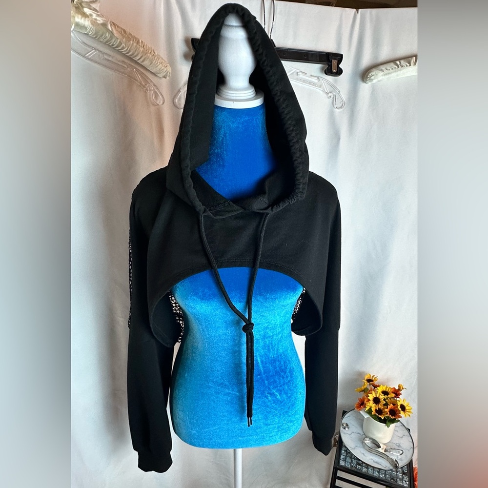 Black Crop Hoodie with Long Sleeves and Fishnet Back - Size Small Loose Fit